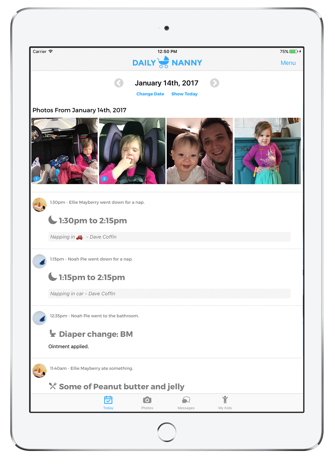 Daily Nanny app, Photo sharing, Messaging